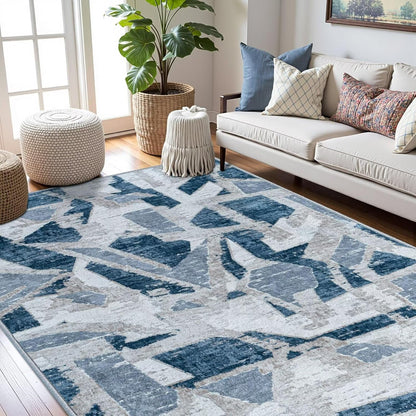 Modern Abstract Blue 8X10 Area Rug for Living Room Bedroom Washable, with Non-Slip Rubber Backing Print Faux Wool Thin, Throw Large Carpet for Kids Playroom Dining Room Pet & Child Friendly