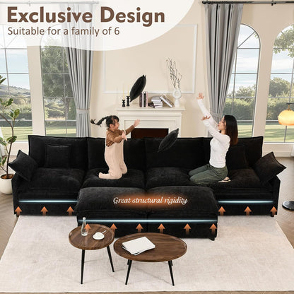 142.5" U Shaped Couch, Modular Sectional Sofa, 3-Seater Comfy Cloud Couch with Movable Ottoman, Deep Seat Couches for Living Room, Chenille, Black