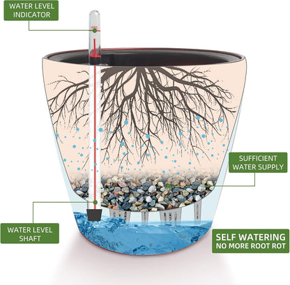 Dexceder 9x8 Inches High Gloss Self Watering Planter Indoor Outdoor, Inner Pot Design, Thickened Table Flower Plant Pot with Water Level Indicator (Red)