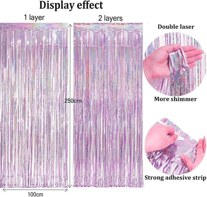 BRAVESHINE Pink Blue Tinsel Foil Fringe Curtains - 2Pcs 3.2x8.2ft Holidays Photo Streamers Backdrop for Easter Girl or Boy Birthdays Bridal Shower Party Supplies Decorations