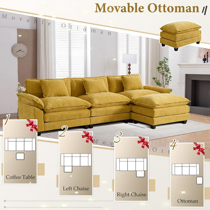 URRED Modular Sectional Sofa Comfy Cloud Couch, Modern Chenille Sofa Sleeper Deep Seat Couches with Ottoman/Pillows for Living Room (Yellow, 117''- L Shape)
