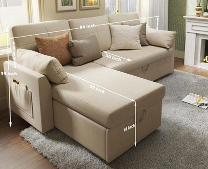 VanAcc Sleeper Sofa, Sofa Bed- 2 in 1 Pull Out Couch Bed with Storage Chaise for Living Room, Comfy Sleeper Couch, Beige Chenille