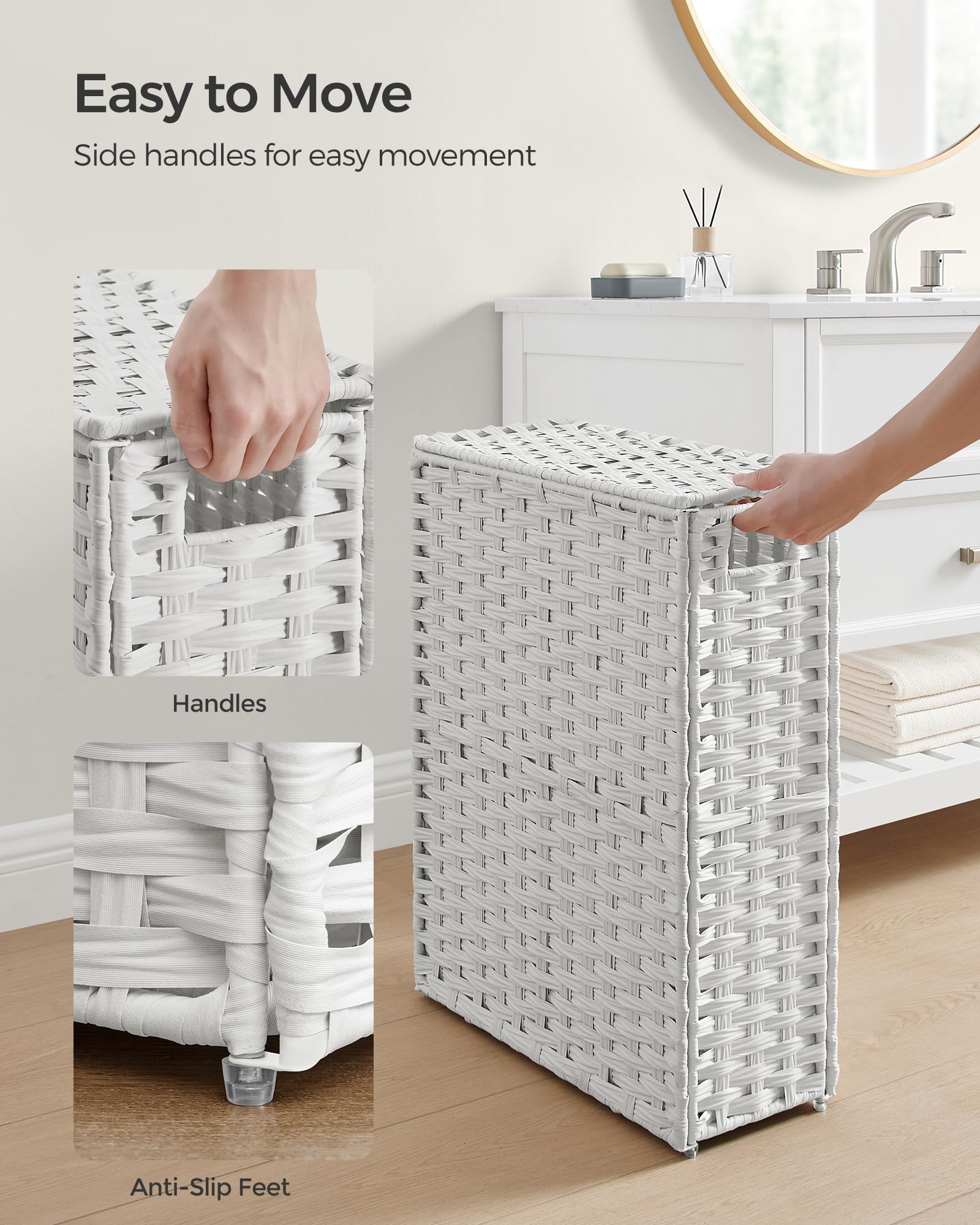 SONGMICS Slim Laundry Hamper with Lid, 14.5 Gallon (55L) Rattan Clothes Laundry Basket with Lid and