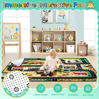 Kids 6x9 Ft Construction Site Play Rug, Baby Play Mat, Tufted Wool & Rubber, Non-Slip, Stain & Fade Resistant, Machine Washable, Rustic Cartoon Construction Site Pattern