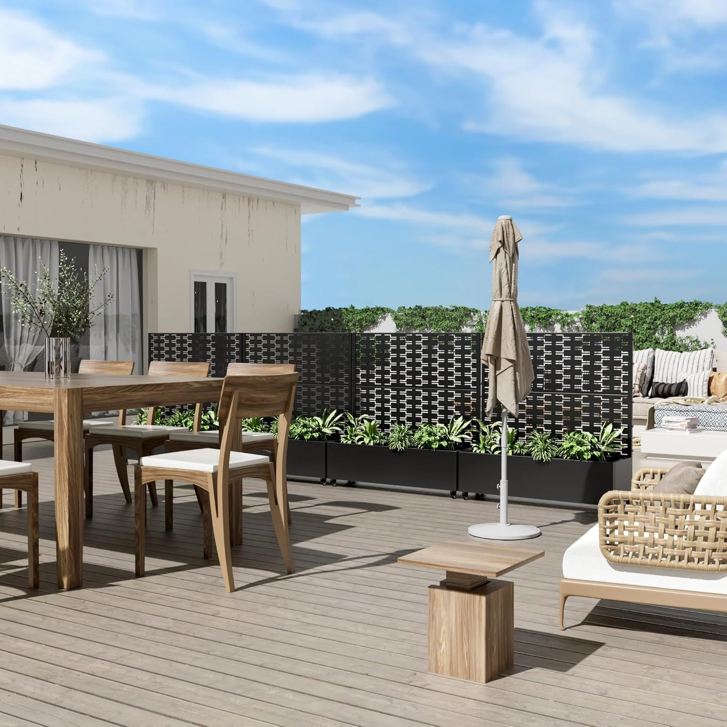 Casaphoria Metal Raised Garden Bed with Trellis and Wheels, 47"x47"x16" Planter Box for Climbing Plants, Vegetables & Vines, Features Drainage Holes and Privacy Screen (Black-Square)