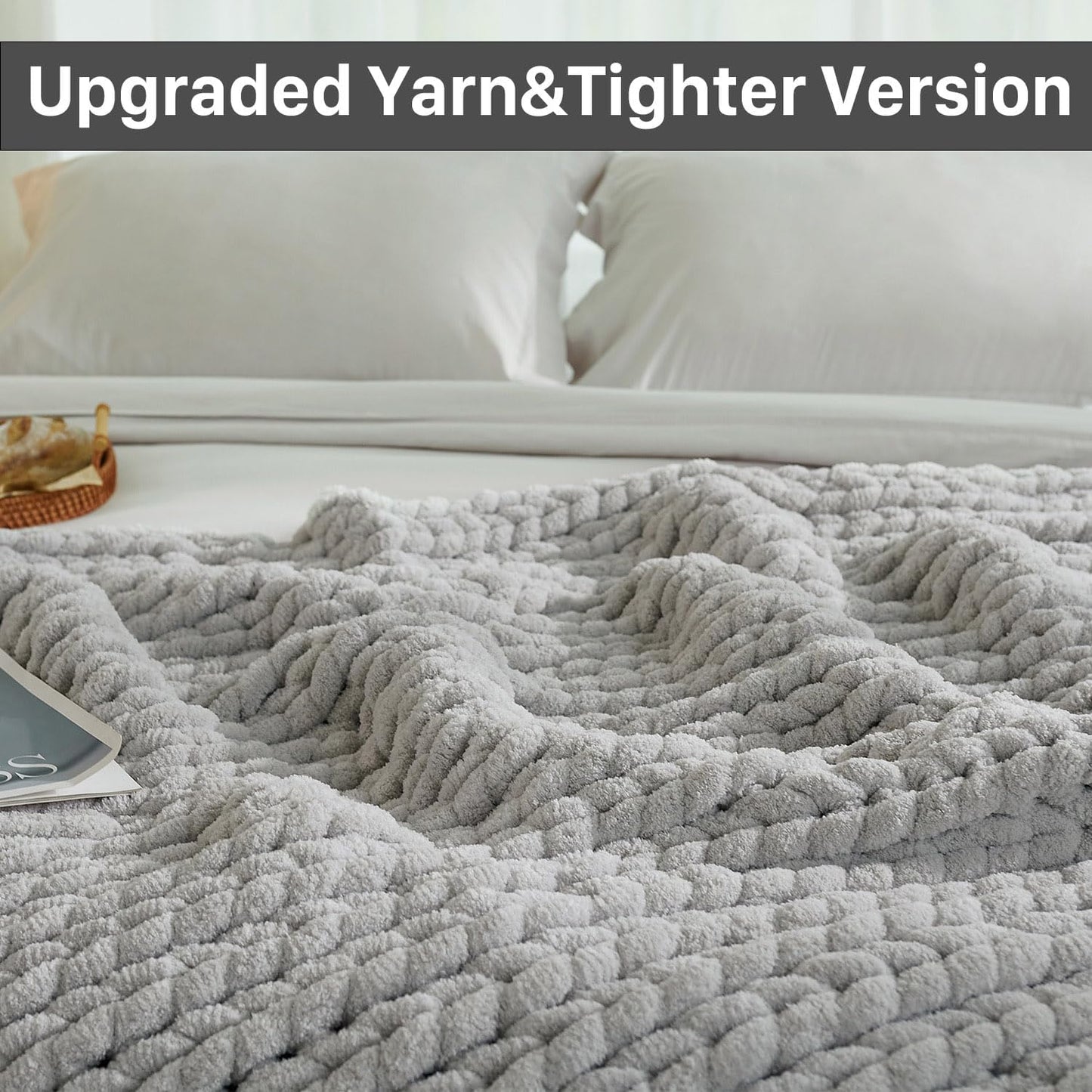 Esterra Chunky Knit Throw Blanket Newly Upgraded Heavy Tighter Version, Handmade Chenille Throw Super Soft, Thick Yarn Cable Knit Crochet Throw Blanket for Couch Bed Sofa (50"x60" Light Grey)