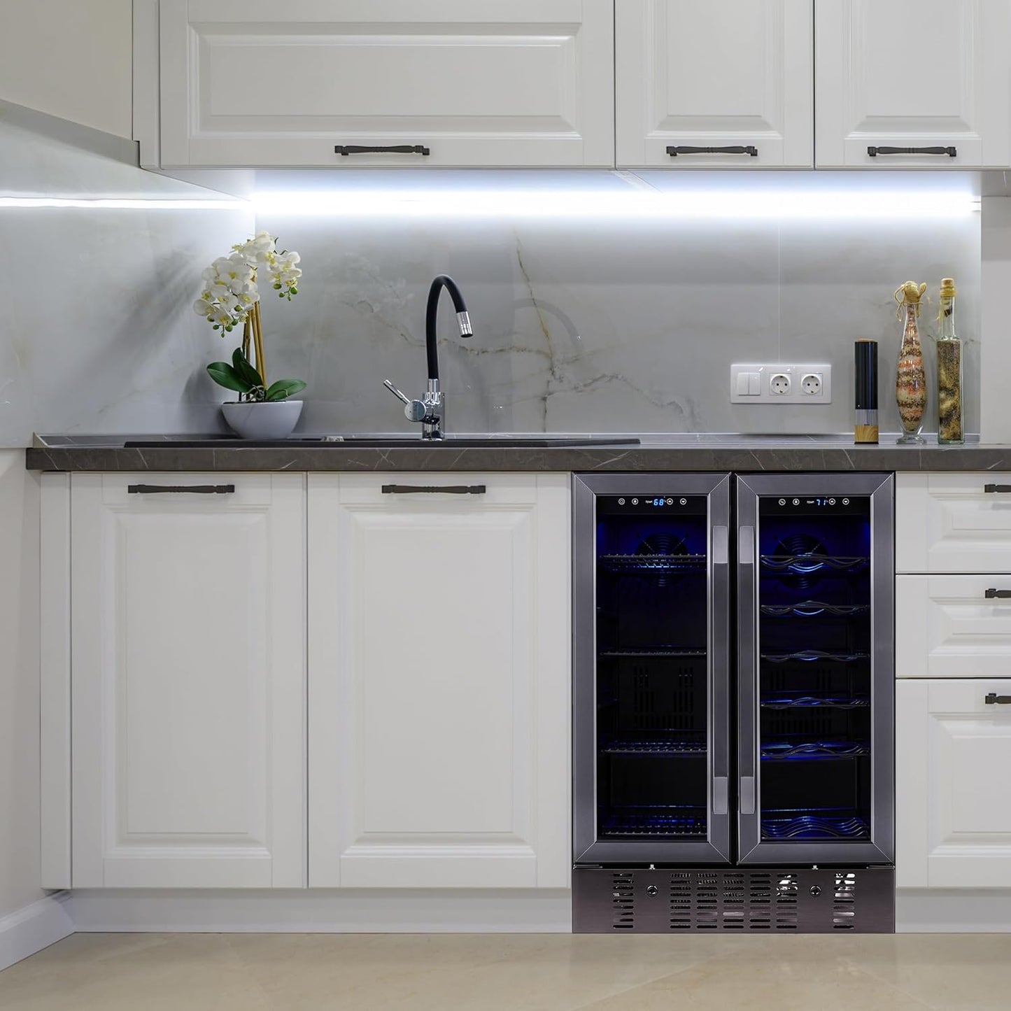 NewAir 24" Dual Zone Wine and Beverage Refrigerator, 18 Bottle & 58 Can, French Door Built-In Fridge with Lock, Black Stainless Steel Cooler, Digital Thermostat, Adjustable Shelves