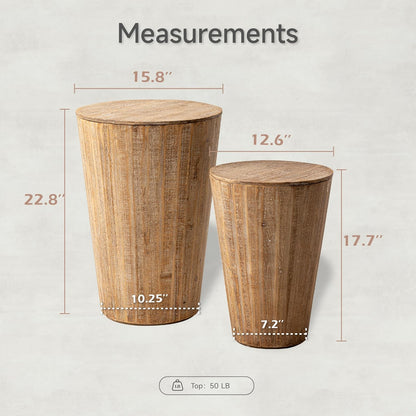 Farmhouse Nesting Barrel Side Table, Rustic Space Saving Storage End Table Set Fully Assembled, Natural Distressed Finish