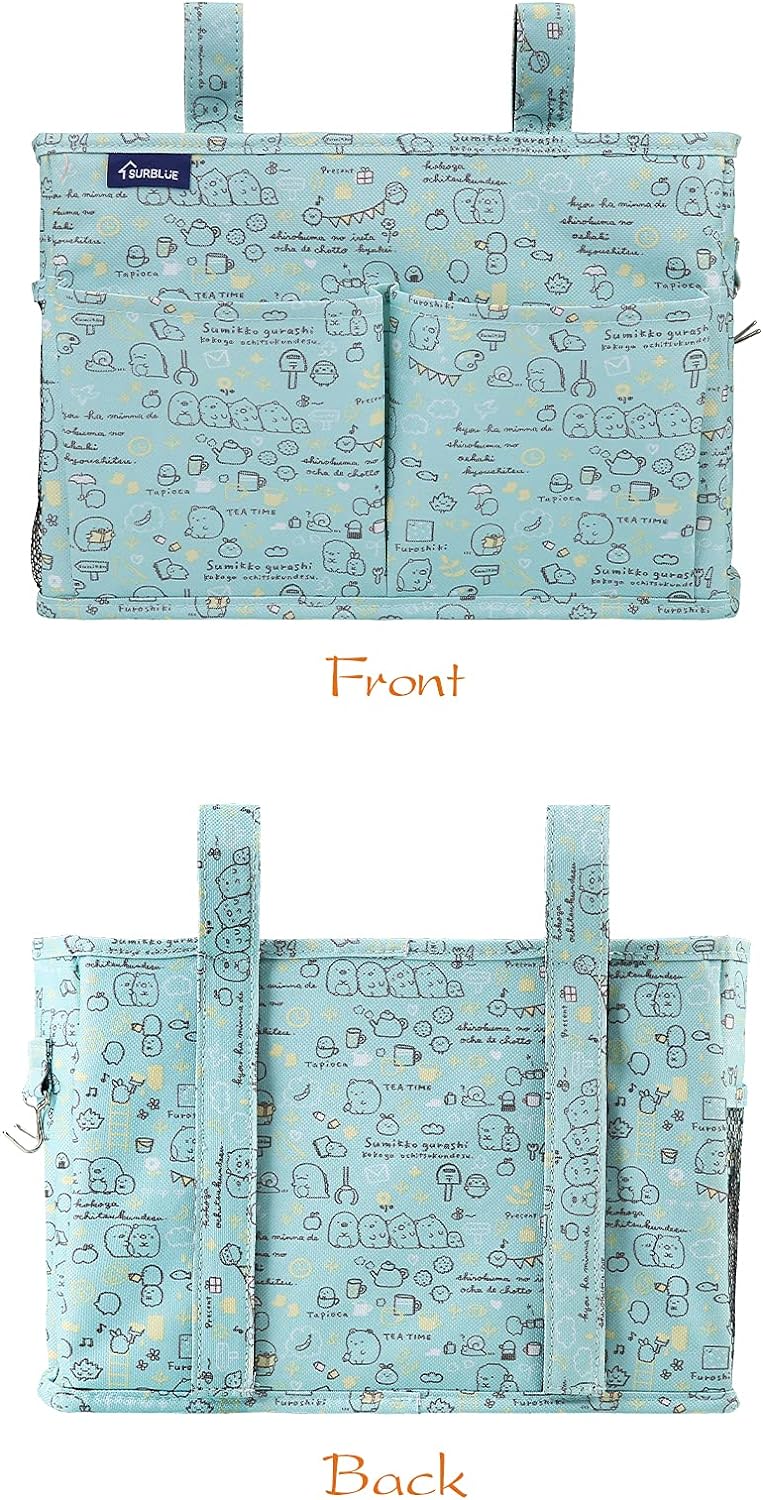 Surblue Bedside Caddy Hanging Bed Organizer Storage Bag Pocket for Bunk and Hospital Beds, College Dorm Rooms Baby Bed Rails,Camp Chiars，Wheelchair Side Bag，4 Pockets and 2 Hooks (Cartoon)
