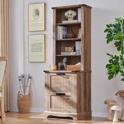 RedLemon Bookcase with 2 File Drawers, 72" Tall Farmhouse Bookshelf with Storage and Adjustable Shelves, 4 Tier Rustic Wood Bookshelf with Cabinet for Home Office, Living Room (Rustic Natural Oak)