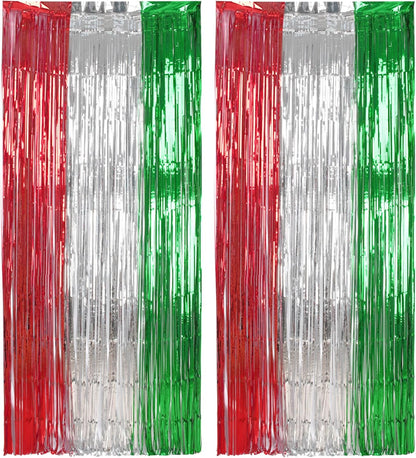 BRAVESHINE 2 Pack Fringe Backdrop Red Silver Green Christmas Party Decorations 3.2 x 6.6 ft Tinsel Foil Curtain Party Streamer Metallic Photo Backdrop for Christmas, New Year Decor