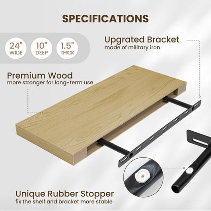 Fun Memories 24 Inch Floating Shelves Wall Mounted, 10 Inch Deep Wall Shelves, 24 x 10 Floating Shelf for Living Room Bathroom Bedroom, Oak, Set of 2