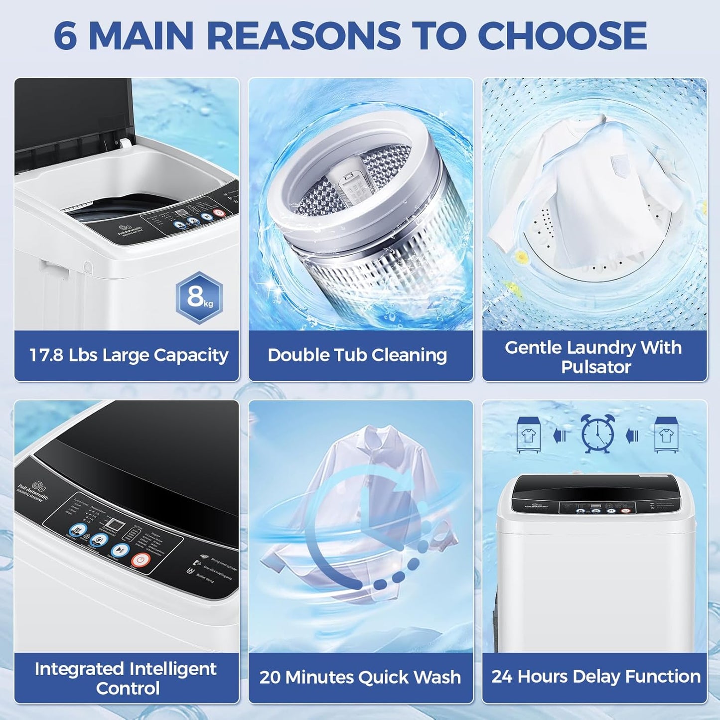 Nictemaw Portable Washing Machine 17.8Lbs Capacity Portable Washer with Drain Pump 2.4Cu.ft Full-Automatic Compact Washer with 10 Programs 8 Water Level for Home, Apartment, RV, Dorms