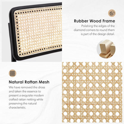 Natural Rattan Dining Chairs Set of 2, Modern Kitchen Chairs with Solid Wood Back, Upholstered Cesca Side Chairs with Comfy Linen Cushion