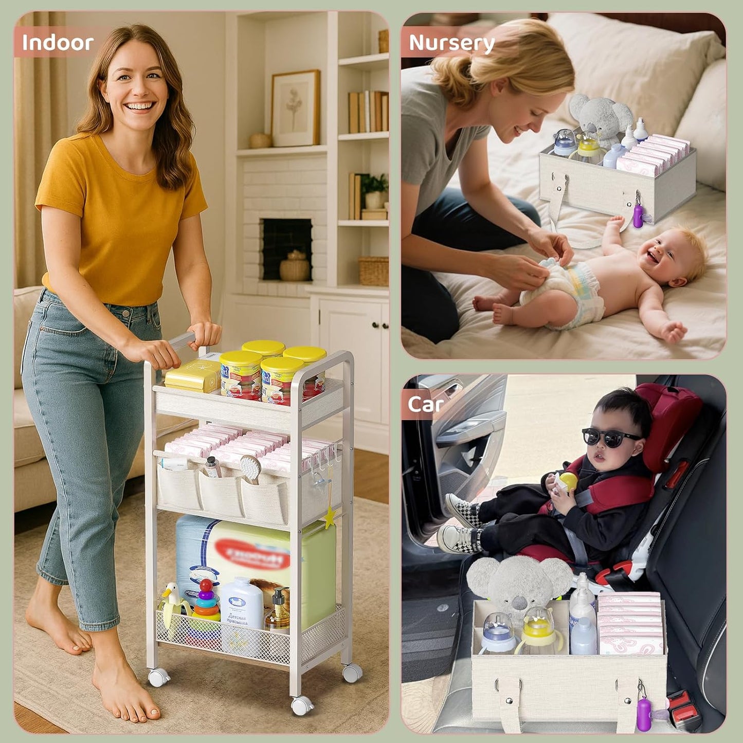 Baby Diaper Caddy Organizer and Storage,2In1 Baby Cart Organizer-Baby Diaper Caddy+3 Tier Rolling Cart for Baby Nursery,Baby Bedside Cart,Easy Assembly,Beige