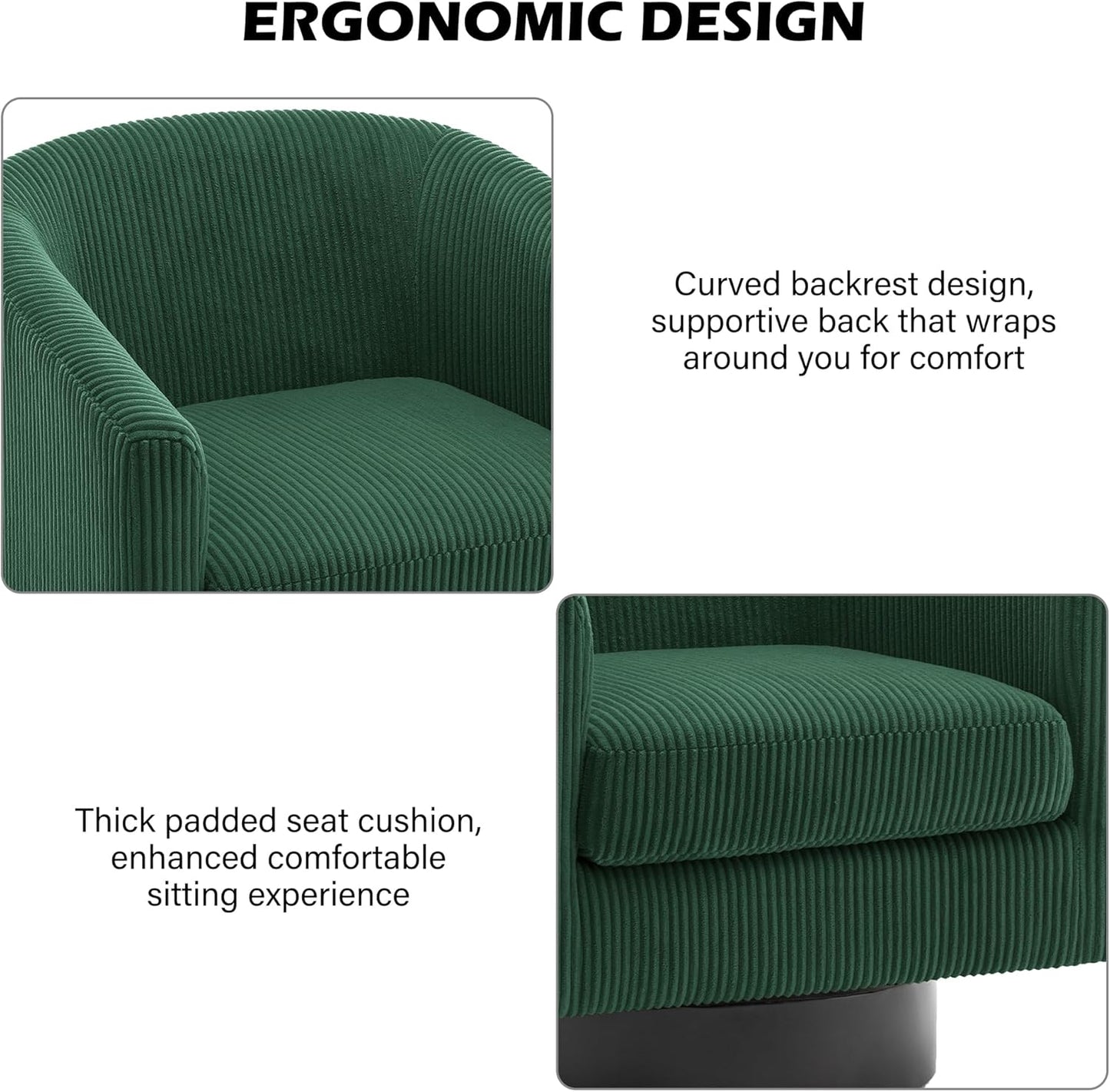 Swivel Barrel Accent Chair, Modern Round Corduroy Fabric Arm Chair for Living Room, Bedroom, Comfy Club Reading Chairs for Adults, Corduroy Dark Green