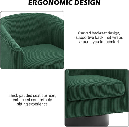 Swivel Barrel Accent Chair, Modern Round Corduroy Fabric Arm Chair for Living Room, Bedroom, Comfy Club Reading Chairs for Adults, Corduroy Dark Green