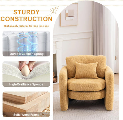 Chenille Accent Armchair Oversize Upholstered Barrel Comfy Modern Round Lounge Sofa Chair with Pillow Cozy Reading Chairs for Apartment,Office,Living Room,Dining,Makeup,Club,Yellow