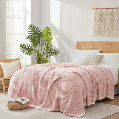 Snuggle Sac Pink Waffle Bedding Blankets Queen Size 90x90 inches, Reversible Microfiber Fluffy Fuzzy Soft Throw Cozy Knit Blanket for Women Mothers Birthday Gifts