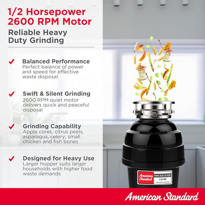 American Standard 10-US-AS-5-HD Garbage Disposal Anti-Jam Stainless Steel Food Waste Grinding System, Heavy Duty, 1/2 HP, Black