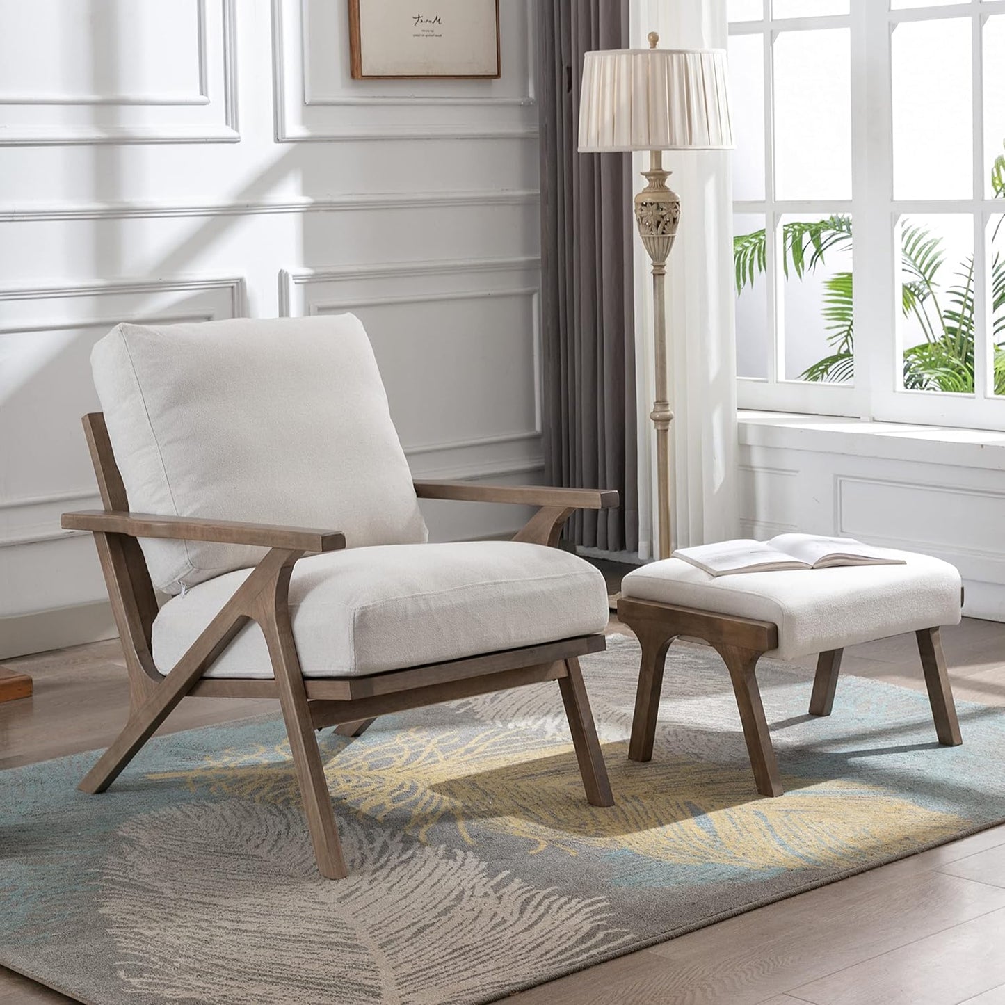 chairus Mid-Century Modern Accent Chair with Ottoman, Linen Fabric Armchair with Wood Legs Comfy Upholstered Single Sofa Chair for Living Room/Bedroom/Lounge, White