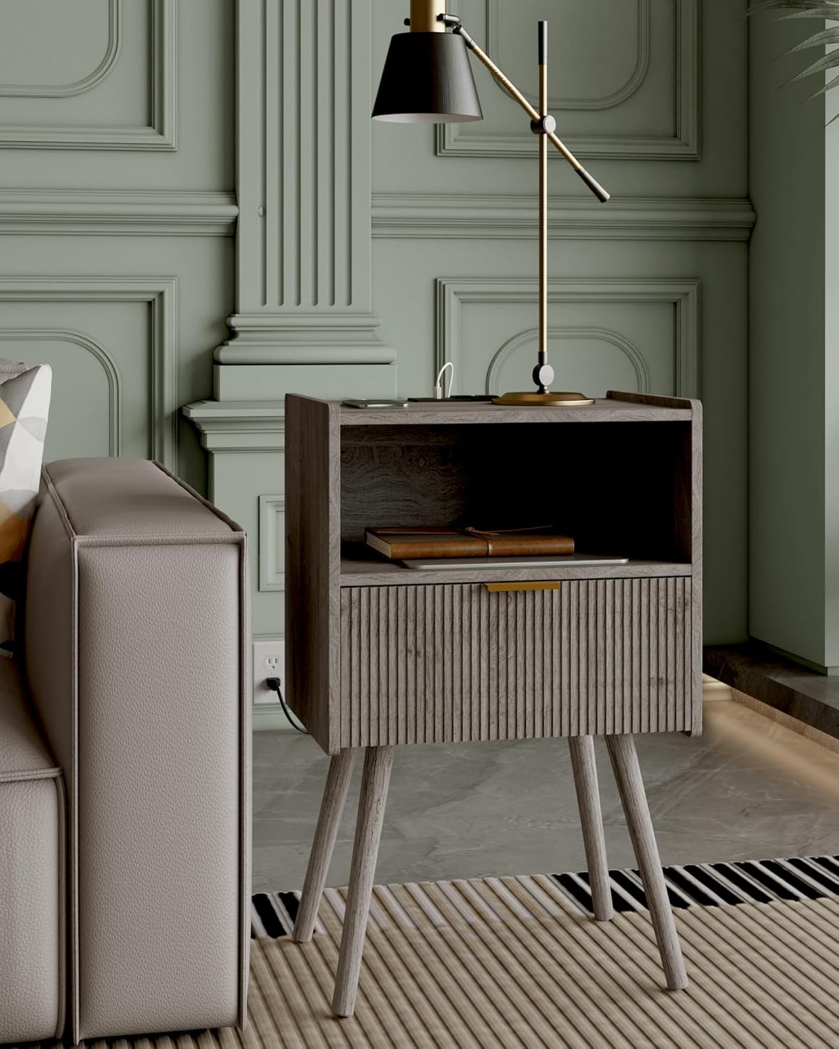 Nightstand,Modern Bedside Table with Storage Drawer and Open Wood Shelf, Accent Night Stand with Solid Wood Legs for Living Room, Bedroom and Small Spaces,Easy Assembly (Grey Oak-Outlet)