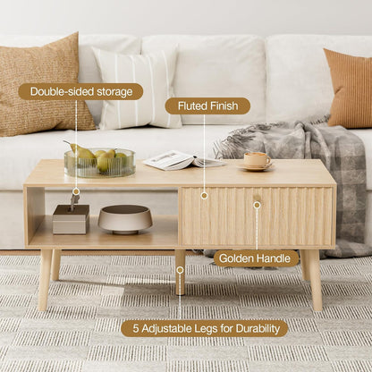 Coffee Table with Storage, Boho Dining Table with Fluted Drawer and Solid Wood Legs, Small Coffee Tables for Living Room, Oak