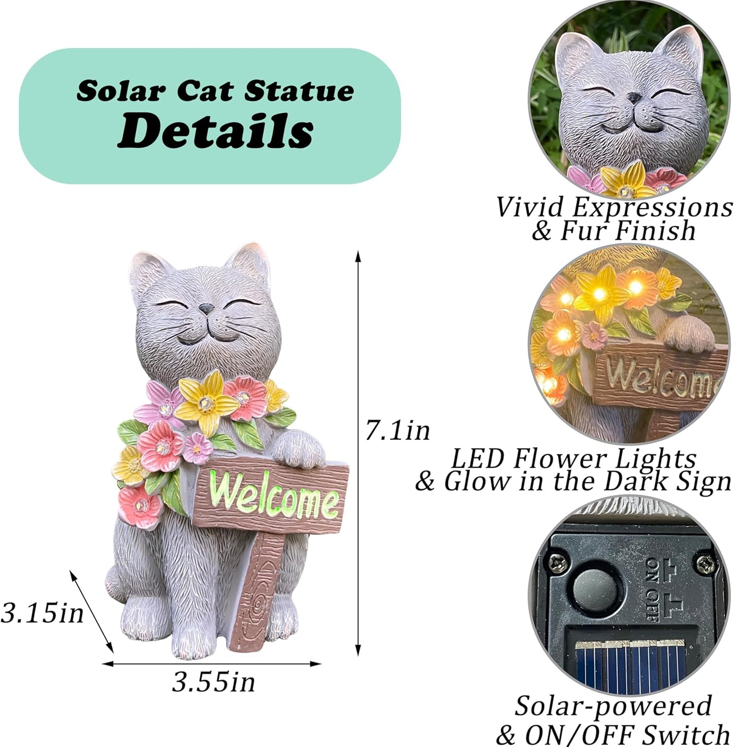 Solar Cat Garden Statue for Outdoor Decor, Cat Solar Light with Flowers, Resin Welcome Cats for Garden, Yard, Lawn Decor, Cats Lover Gifts for Women