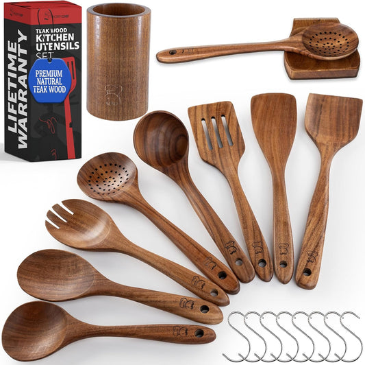 PriorityChef Premium Wooden Spoons for Cooking - 8pc with Utensil Holder, Spoon Rest and Hanging Hooks, Smooth Finish Teak Wooden Utensil Set, Heat-Resistant & Nonstick Safe, Ideal for Gifting