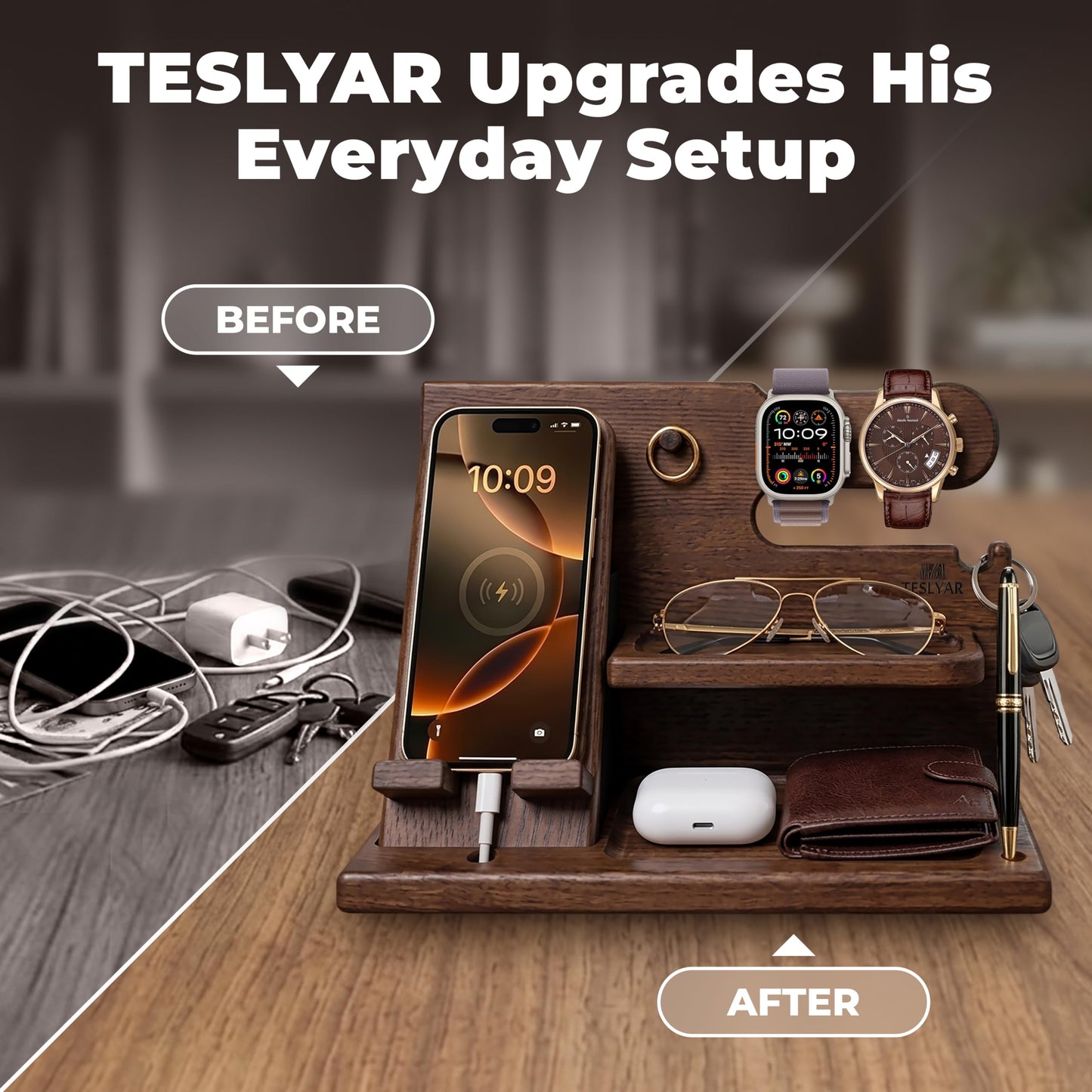 TESLYAR Wood Phone Docking Station for Men - Desk or Nightstand Organizer - Birthday Gifts for