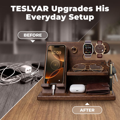 TESLYAR Wood Phone Docking Station for Men - Desk or Nightstand Organizer - Birthday Gifts for