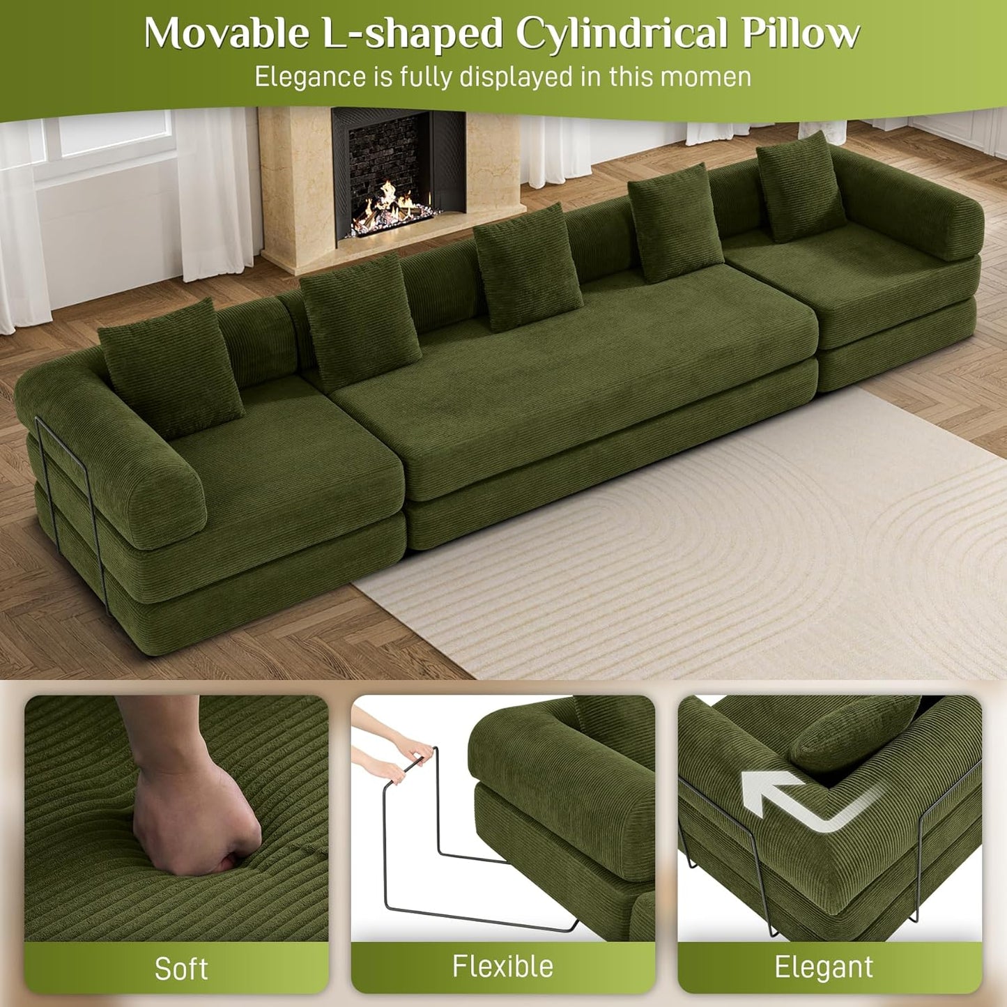 Convertible Sleeper Sofa Bed Set with Pillow, 4-in-1 Corduroy Folding Mattress Boneless Couch with Fixed-Shape Frame, Fold Out Floor Sofa Cama Lounge Couch for Living Room, Olive Green
