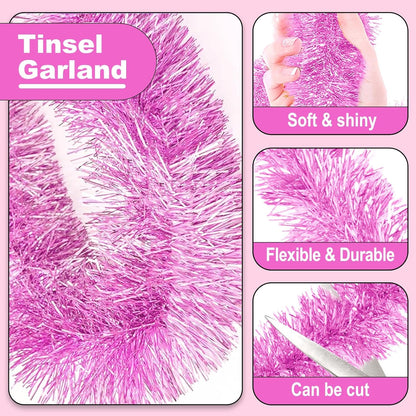25 Feet Metallic Twist Tinsel Garland - Wall Hanging Backdrop for Parade Floats, Christmas Eve, New Year, Valentine's Day Parties (Macaron Pink, 4in x 25ft)