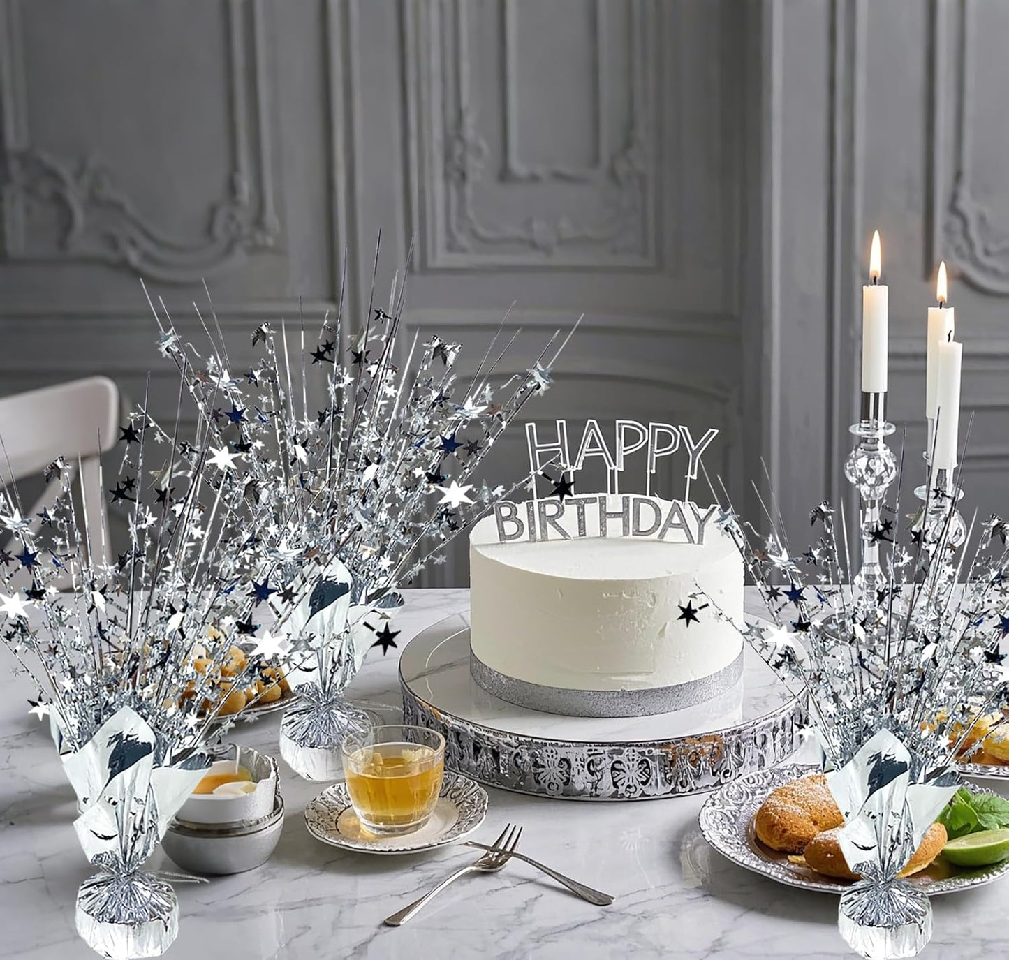 12 Pack Metallic Foil Spray Centerpiece Star Table Decoration Burst Table Centerpieces for Birthday Wedding Anniversary Graduation Holiday Party Supplies Decor, Silver