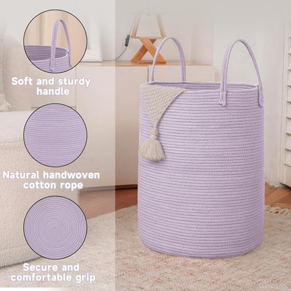 Large Woven Laundry Basket Hamper,100L Cotton Rope Storage Bin for Blankets,Toys and Clothes,Decorative Tall Nursery Hamper for Living Room,Baby Nursery,Bathroom and Bedroom,Purple