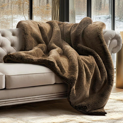Luxury Soft Faux Chinchilla Fur Throw Blanket for Couch, Warm Thick Heavy Winter Throw Blanket 1220GSM for Bed, Fluffy Cozy Mink Blanket with Reversible Velvet, Brown Sable, 60"x80"