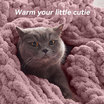 Chunky Knit Throw Blanket, 60''*80'' Knitted Throw Chenille Yarn for Bed Couch, Handmade Muted Pink Crochet Big Thick Blanket, Machine Washable Cute Comfy Blanket for Home Decor