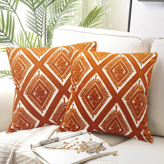 Alysheer Embroidered Decorative Throw Pillow Covers 18x18 inches Set of 2 Pieces, Boho Geometric Modern Chic Classic Pattern Cotton Cushion Cases for Sofa Couch Bed Living Room(Burnt Orange)