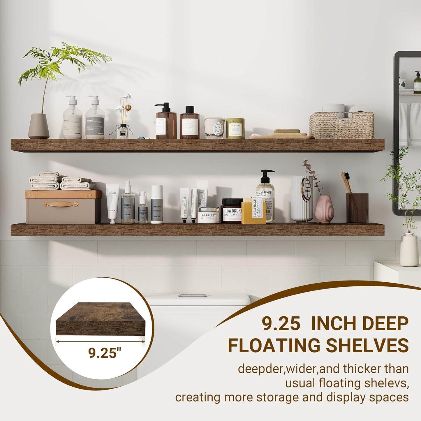 55 Inch Floating Shelves, 55"x9.25"x1.5" Inch Deep Floating Shelves for Wall, Wooden Shelves for Bathroom, Bedroom, Living Room, Brown