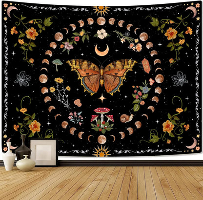 Aipon Orange Butterfly Moon Flower Tapestry Botanical Floral Plant Boho Tapestry for Bedroom Aesthetic Vintage Tapestries Wall Hanging for Living Room Dorm (68.00'' × 90.00'', Orange)