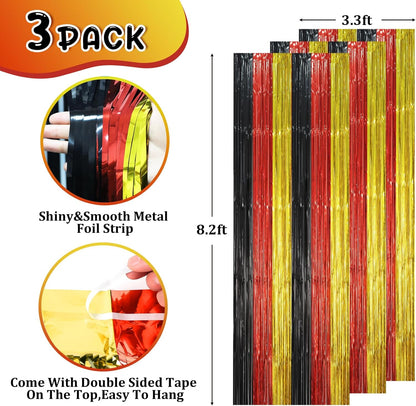 3 Pack 3.3 x 8.2 ft Red Black Gold Foil Fringe Backdrop Curtains, Tinsel Streamers Party Decorations, Fringe Backdrop, Door Shimmer for Thanksgiving Day or Birthday Party