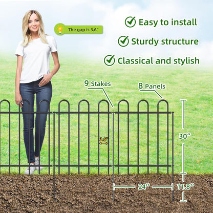 Metal Garden Fence 30 in H x 16 ft L, No dig Garden Border Yard Fencing, Dog Fence Outdoor Temporary Animal Barrier for Flower Bed Lawn and Patio, 8 Panels + 9 Stakes Black