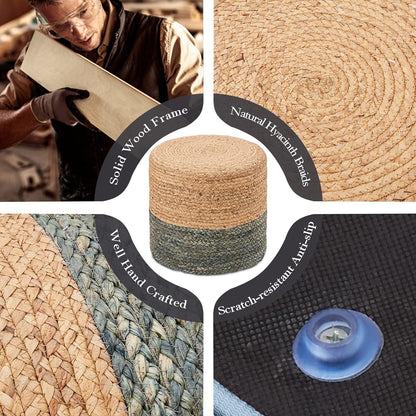 Wimarsbon 18'' Ottoman Pouf, Natural Braided Poof, Rustic Handweave Lounge Pouffe, Boho Footrest Stool for Bedroom, Accent Table or Seat for Living Room (Dusty Blue)