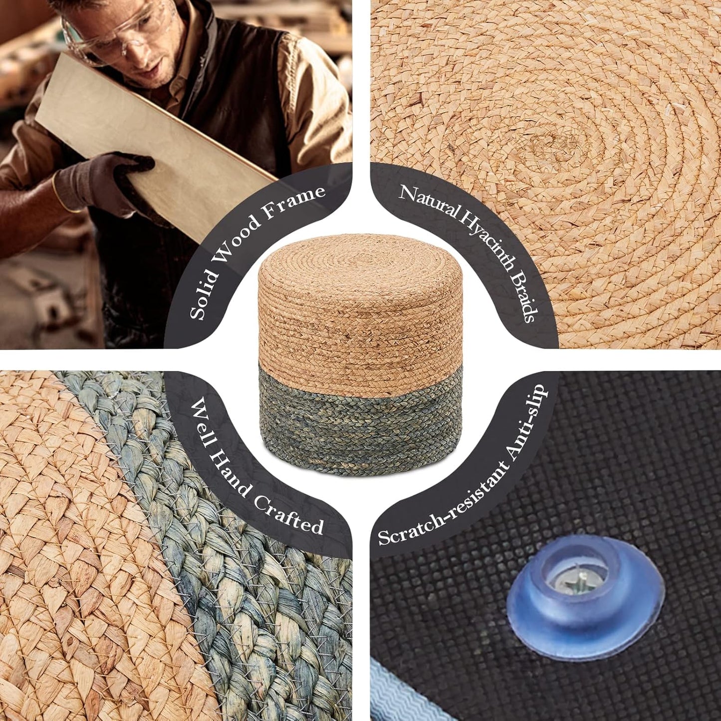 Cplxroc Ottoman Poof, Natural Seagrass Poufs, Hand Weave Round Footstool, Pouffe Accent Chair, Home Decorative Seat, Boho Deco Floor Chair for Living Room, Bedroom (18inch 68LE)