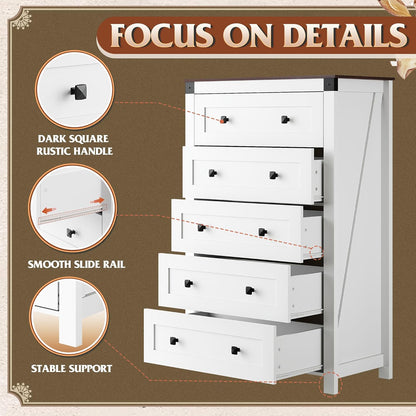WLIVE Farmhouse White Dresser for Bedroom, 5 Drawer Dresser Storage Organizer, Tall Wood Dressers with Double Rustic Handle, Chest of Drawers for Living Room, Hallway, Closet