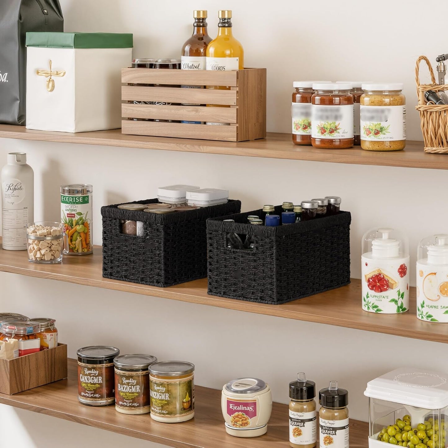 StorageWorks Pantry Baskets, Wicker Storage Baskets for Organizing, Bathroom Shelves, Pantry Organizers and Storage, Medium, Black, 2-Pack