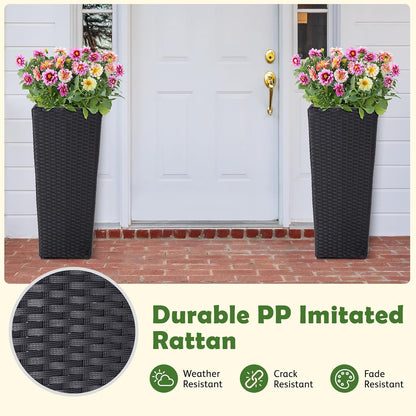 IDZO Wicker All-Weather Planter Set with Liners Tall Plant Decor Box for Outdoors Patio Herb Garden Furnishings - Rectangular Mocha