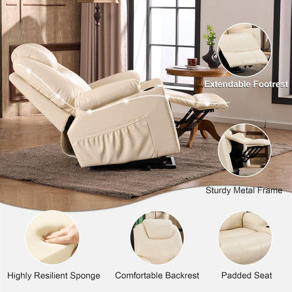 SALOHZA Power Lift Recliner Chair for Elderly with Massage and Heat for Living Room, Electric Recliner Chair for Adults with USB/Type C Port/Cup Holders, PU Faux Leather, Cream White