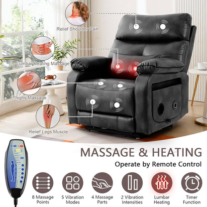 Dual Motor Power Lift Recliner Chair for Adult & Elderly, Infinite Position Lay Flat Lift Chair with Heat & Massage, Cup Holder, Lumbar Pillow, Wireless Charger, USB Ports, Leather (Silver Grey)