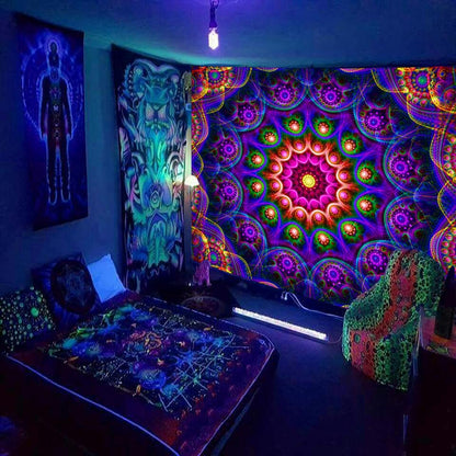 Blacklight Trippy Mandala Tapestry, Boho Black Light Posters for Adults UV Reactive Room Decor for Bedroom Wall (90 x 70 Inches)